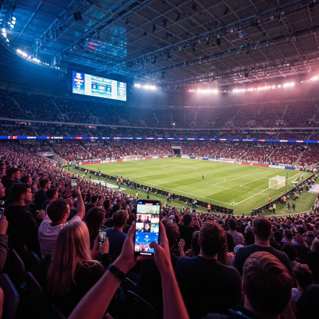 Supporters suivant un match et utilisant une application mobile